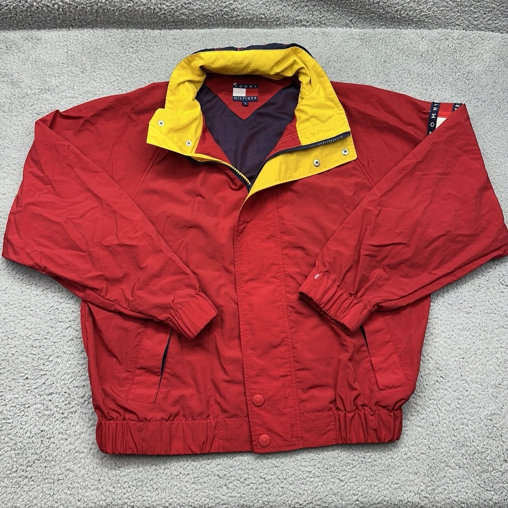 Vintage Tommy Hilfiger Flag Patch Mens Large Red Full Zip Windbreaker Jacket
